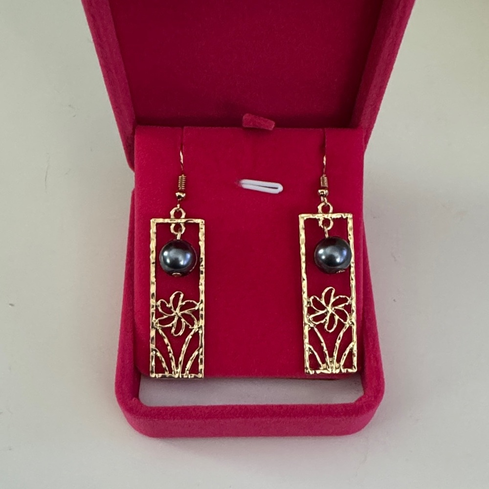 Tropical Flower and Pearl Gold Earrings